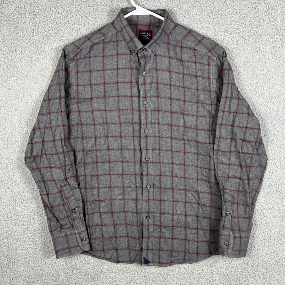 Untuckit Mens M Slim Fit Button Down Shirt Grey Burgundy Plaid Long Sleeve - Picture 1 of 11